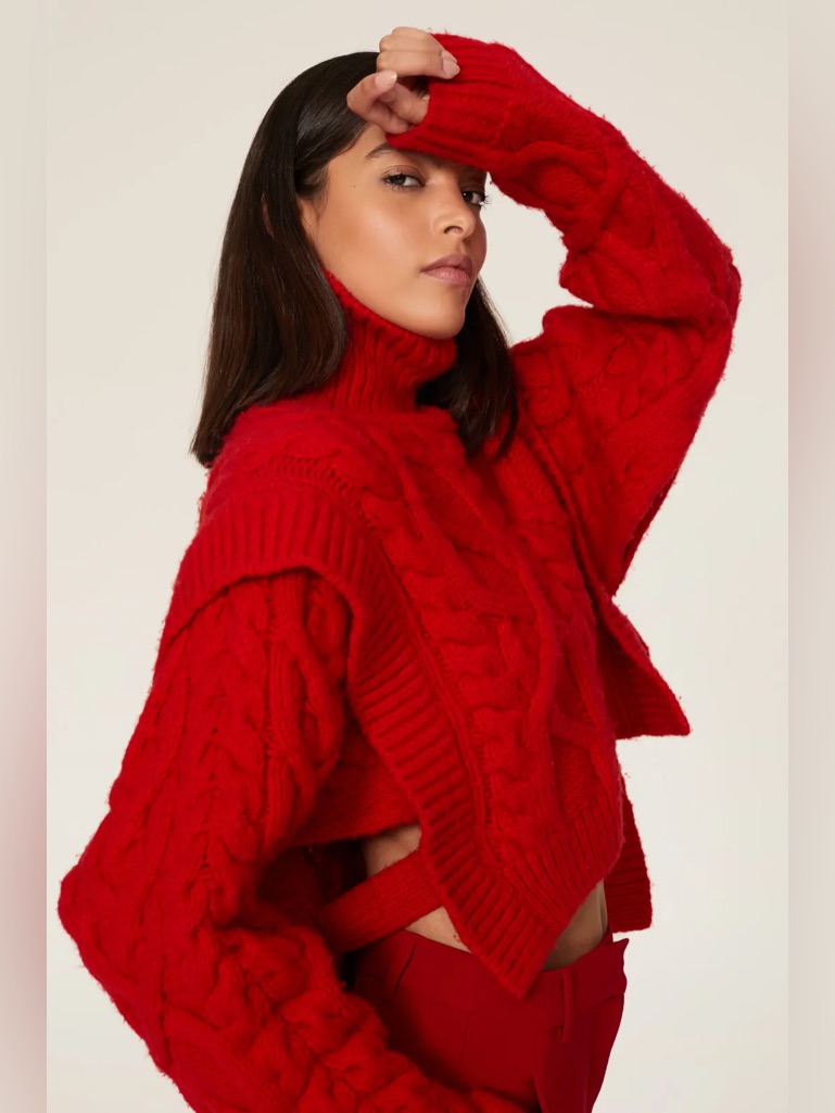 Aknvas Bonnie Cable Knit Turtleneck Open Side Sweater In Red Small